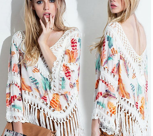 Camisa de Playa Bikini con Costuras Estampadas y Borlas - Image 11