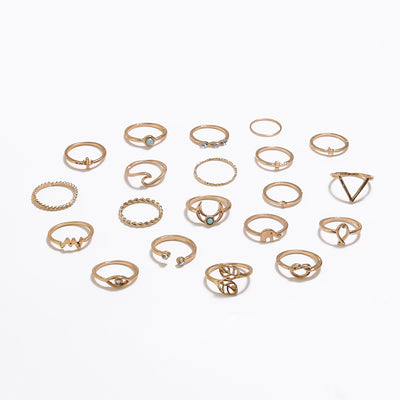 Set de 20 Anillos Geométricos Retro: Lunas, Hojas y Círculos