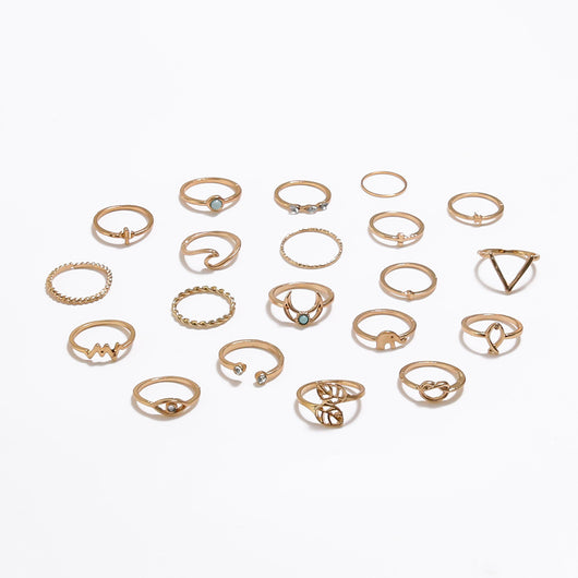 Set de 20 Anillos Geométricos Retro: Lunas, Hojas y Círculos