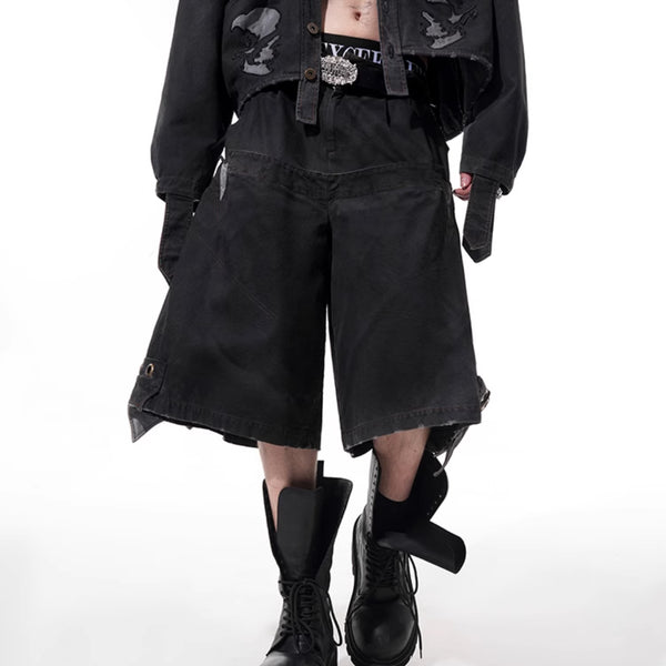 Pantalón Cropped Holgado con Doble Cintura y Costuras Lavadas para Hombre