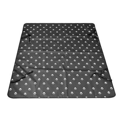 Pink car pet mat with white paw print and bone patterns, featuring black straps for securing to a rear seat. - Image 8
