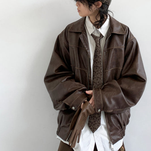 Chaqueta de Cuero Motociclista Retro Japonés Oversized Street