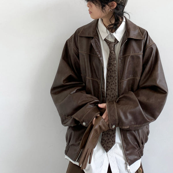 Chaqueta de Cuero Motociclista Retro Japonés Oversized Street