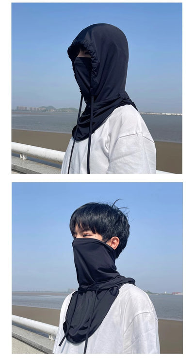 Light gray ice silk sun mask with full face coverage and an attached hood, featuring drawstrings for adjustment. - Image 12
