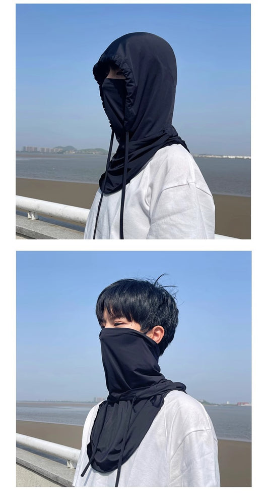 Light gray ice silk sun mask with full face coverage and an attached hood, featuring drawstrings for adjustment. - Image 12