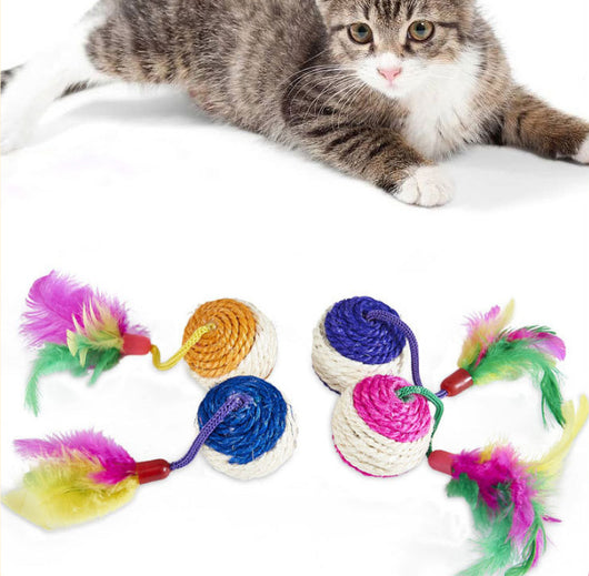 Four sisal ball cat toys with colorful feathers in pink, purple, blue, and teal stripes, for playing and grinding claws. - Image 4