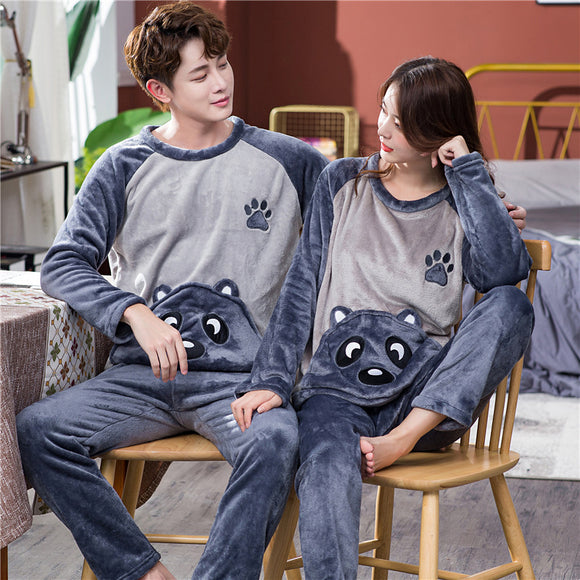 Pijama de Casal em Fleece Coral para Primavera, Outono e Inverno