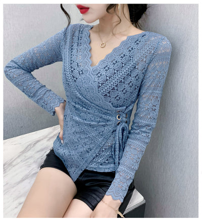 Blusa de Encaje Manga Larga Escote V Sexy para Mujer - Image 3