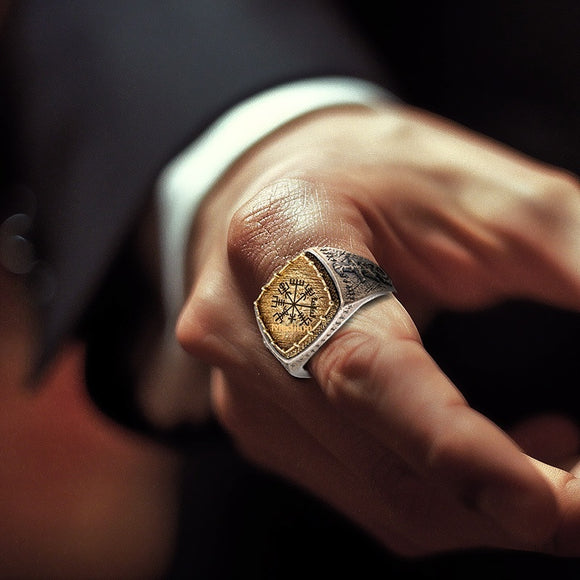 Anillo de Plata Viking con Diseño de Dragón y Espada - Estilo Nórdico para Hombre