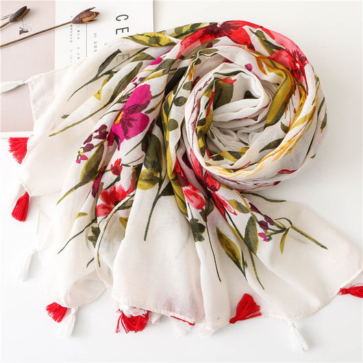 Pañuelo Vintage Étnico Floral de Algodón y Lino con Flecos - Image 12