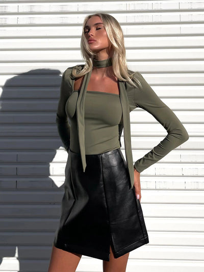 Blusa Cuello Cuadrado con Lazo Ajustada - Estilo Europeo Sofisticado para Otoño e Invierno - Image 9