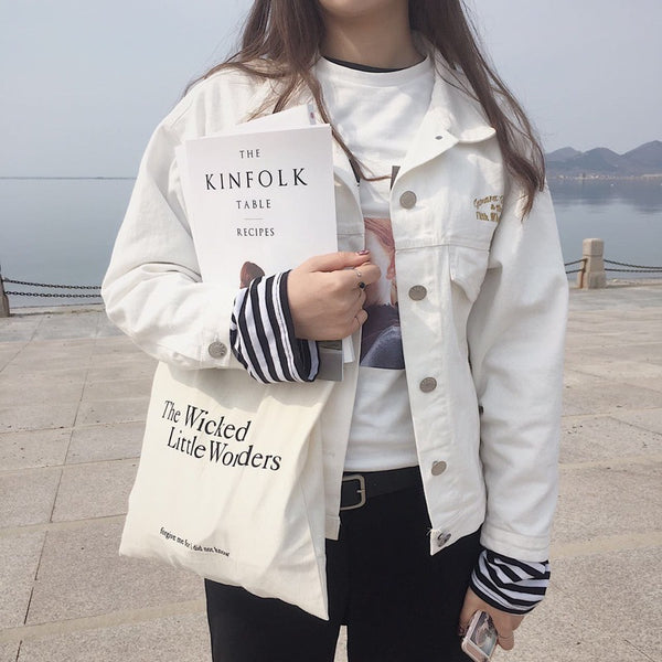 Bolsa de Lona Minimalista con Letras Japonesas y Coreanas - Gran Capacidad - Image 7