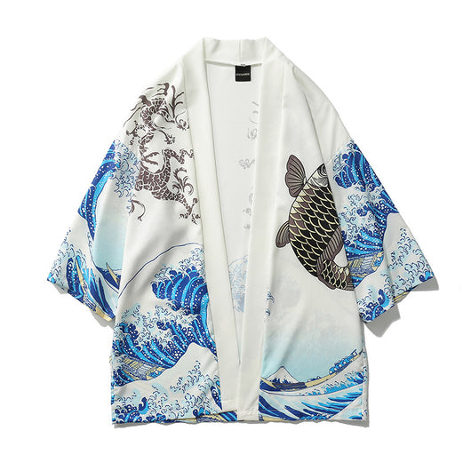 Kimono Hombre y Mujer Estampado Onda Ukiyo-e - Camisa Suelta Manga 3/4 Sección Ligera - Image 5