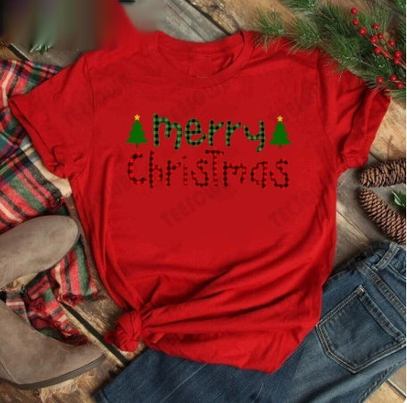 Red women's t-shirt with "Merry Christmas" text and three Christmas trees, featuring buffalo plaid and leopard print. - Image 19