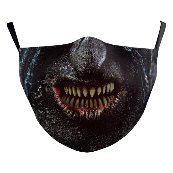 Halloween dust mask with a split design, featuring half a human face with pink lips and half a dark robotic face. - Image 5