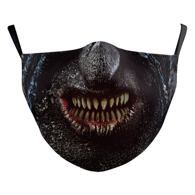 Halloween dust mask with a split design, featuring half a human face with pink lips and half a dark robotic face. - Image 5