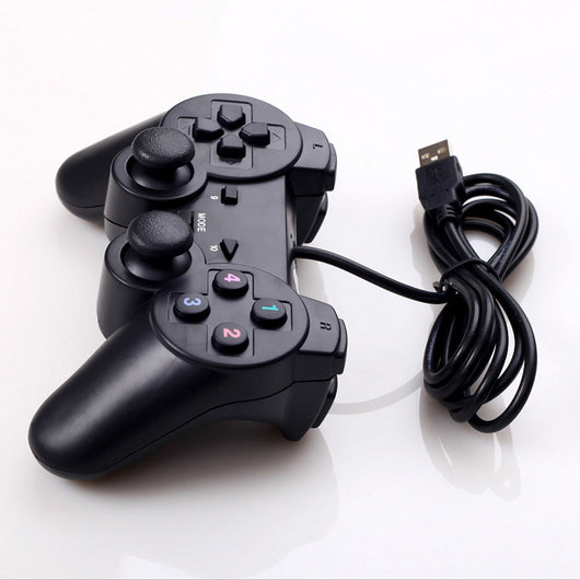 Black USB wired gamepad controller with a D-pad, dual analog sticks, and four colored action buttons. - Image 5