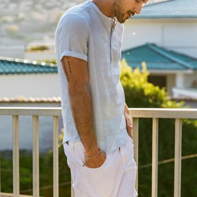 Camisa de Lino y Algodón con Cuello de Pie de Manga Corta - Image 7