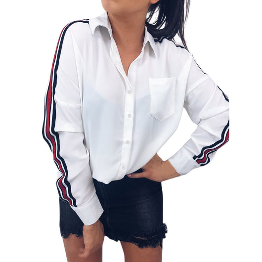 Blusa Casual Mujer Rayas Blancas Manga Larga con Botones - Image 18