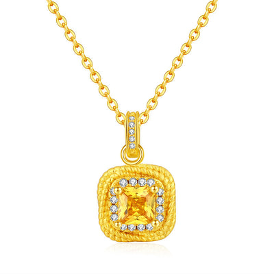 Women's gold-toned jewelry set with a ring, necklace, and stud earrings, each featuring a square yellow gemstone surrounded by small clear stones. - Image 5