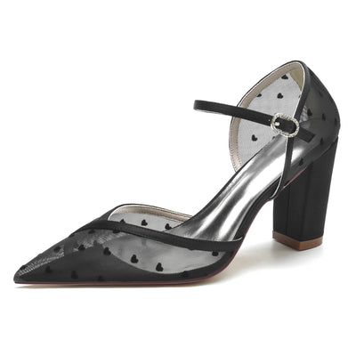 Zapatos de Novia Blancos con Punta Fina y Tacón Robusto - Encaje Hueco Transparente - Image 3