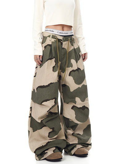 Pantalones Overol Camuflaje Plisados con Cordón - Corte Recto Ancho y Suelto - Image 13