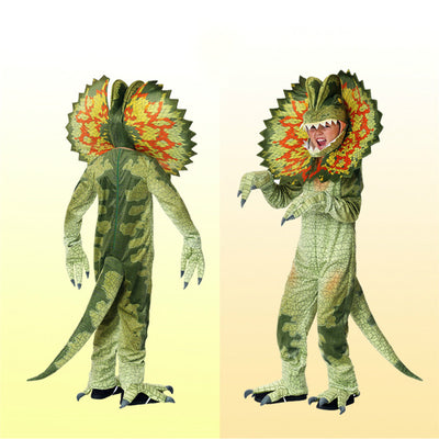 Child modeling a green frilled lizard dinosaur costume with orange and yellow frill, tail, and claws. - Image 7