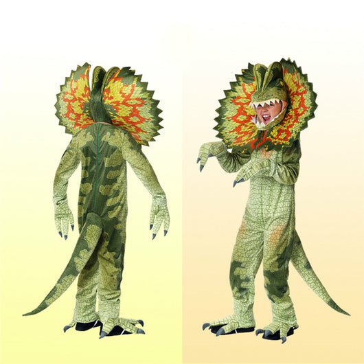 Child modeling a green frilled lizard dinosaur costume with orange and yellow frill, tail, and claws. - Image 7