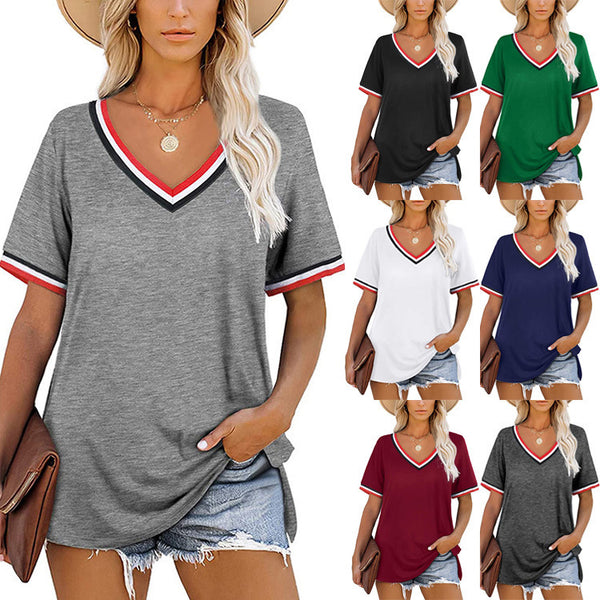 Camiseta Rayas V Cuello Corte Europeo Americano