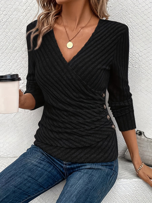 Blusa Clásica de Cuello V y Manga Larga en Colores Sólidos para Mujer - Image 18