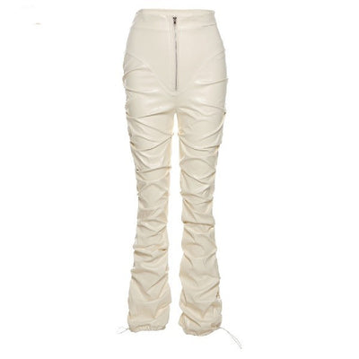 Pantalón de Cuero PU Plisado Cintura Alta Negro - Image 2