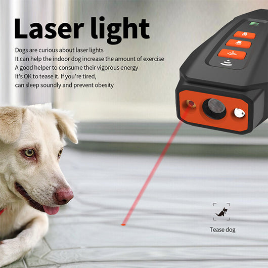 Dark gray handheld ultrasonic dog bark stopper with control buttons, indicator lights, and dimensions of 120x47x34mm.