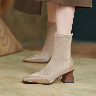 Botas Cortas de Tacón Grueso y Punta Afilada para Mujer