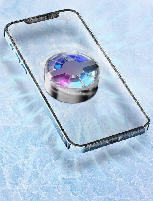 White magnetic phone cooler with blue and pink RGB lights, attached to a silver smartphone, against an icy blue background. - Image 6
