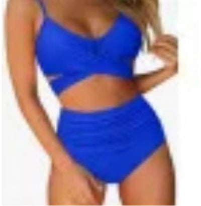 Teal wrap-around bikini top with high-waisted bottoms featuring a vibrant tropical leaf print in blue, pink, and purple. - Image 7
