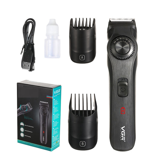 Black adjustable electric hair clipper with two guide combs, USB cable, oil, and cleaning brush, shown with its retail box.