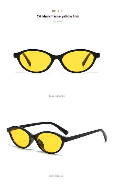 Retro fashion small frame sunglasses with translucent brown frames and yellow oval lenses, viewed from an angle. - Image 21