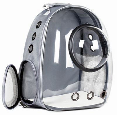 Dark grey transparent pet carrier backpack with a white cat plush toy inside, sitting on a path outdoors. - Image 10