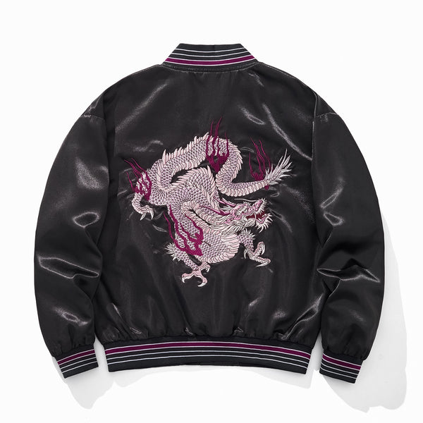 Chaqueta Béisbol Dragón Fuego Púrpura con Nubes Auspiciosas Bordadas