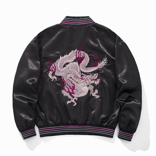 Chaqueta Béisbol Dragón Fuego Púrpura con Nubes Auspiciosas Bordadas - Image 2