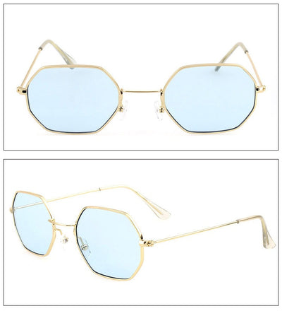 Silver polygonal sunglasses with clear lenses, featuring a thin metal frame and vintage style. - Image 8