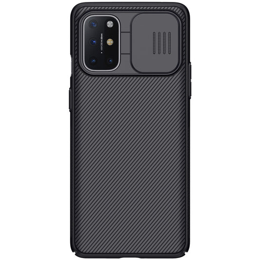 Black textured phone case for OnePlus 8T with a sliding camera cover and precise cutouts for buttons.