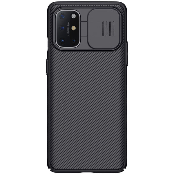 Black textured phone case for OnePlus 8T with a sliding camera cover and precise cutouts for buttons.