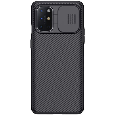 Black textured phone case for OnePlus 8T with a sliding camera cover and precise cutouts for buttons.
