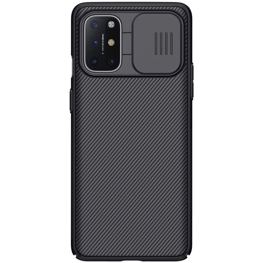Black textured phone case for OnePlus 8T with a sliding camera cover and precise cutouts for buttons.