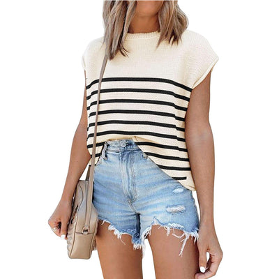 Blusa Casual de Cuello Redondo con Rayas y Manga Corta - Image 4