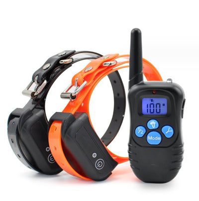 Black remote control dog trainer with blue LCD screen, alongside one black and one orange training collar. - Image 5