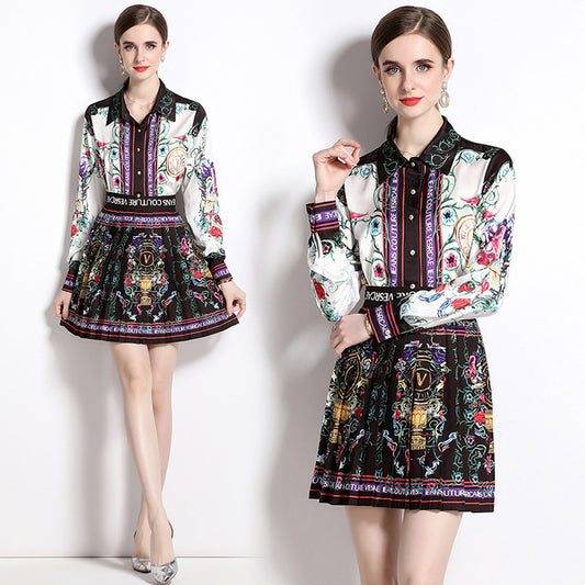 Conjunto Elegante Falda Estampada con Blusa Casual