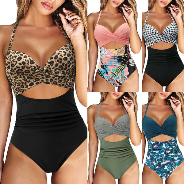 Traje de Baño de Talla Grande para Mujer con Hombros Descubiertos y Estampado Multicolor