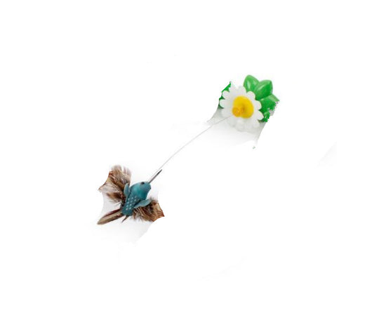 Electric pet toy with a row of white and yellow daisy flowers, green leaves, and five colorful feather birds on wires. - Image 10